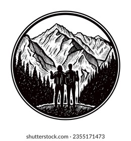 tourists in the mountains retro emblem