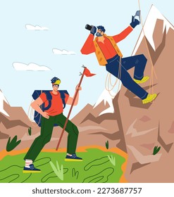 Tourists in the mountains watching good views, flat vector illustration. Mountaineering and rock climbing sport and recreational pursuit. Tourism and traveling.