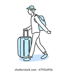 Tourists Moving Through Airport With Luggage. - Hand Drawn. Line Drawing. Vector Illustration. Cartoon