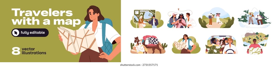 Tourists navigate with map set. People travel and search for way with GPS. Hikers look for route in journey. Men and women are hiking, climbing, riding. Flat isolated vector illustrations on white