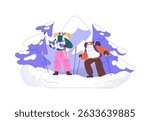 Tourists navigate with map in winter travel. Hikers look for route during hiking. People with backpacks search for destination while snow mountain climbing. Flat isolated vector illustration on white