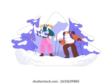 Tourists navigate with map in winter travel. Hikers look for route during hiking. People with backpacks search for destination while snow mountain climbing. Flat isolated vector illustration on white