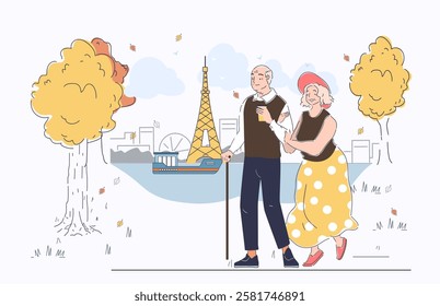 Tourists near landmark. Elderly man and woman walking in Paris near Eiffel Tower. Tourist in France. Travel and trip, journey. Holiday and vacation. Linear vector illustration