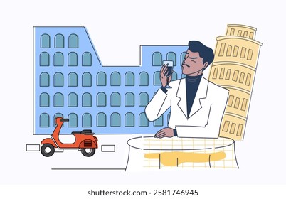 Tourists near landmark. Man with wine sits near Colosseum and Leaning Tower of Pisa. Sommelier in Italy. Travel and trip, journey. Holiday and vacation. Linear vector illustration