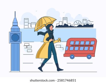 Tourists near landmark. Woman with yellow umbrella walking in London near Big Ban. Tourist in United Kingdom. Travel and trip, journey. Holiday and vacation. Linear vector illustration