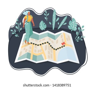 Tourists near stand on information map about Hiking. Woman with backpacks. Tour in summer activity. Expedition and Board. Route search.