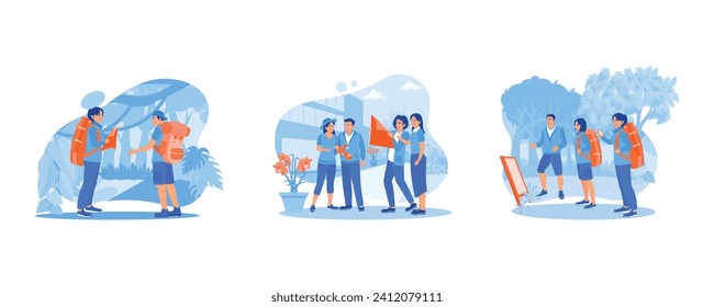 Tourists need help finding the map. Travel, vacation concept. Trekking on Forest Paths with a Guide. Tourist Guide concept. Set Flat vector illustration.