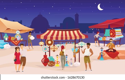 Tourists at night turkish bazaar flat color vector illustration. Arabic street market. Trade awnings with carpets. Travelers buying souvenirs faceless cartoon characters with mosque on background