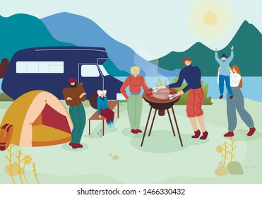 Tourists on Barbecue Party Vector Illustration. Campsite in Mountains, People Relaxing in Tents, Cooking Food on Nature. Active Summer Recreation, BBQ. Friends and Family Spending Weekend Together