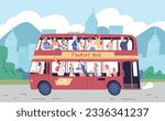 Tourists on bus excursion. Travel tourist group transfer, foreigner london trip or family sightseeing summer travelling city tour speaker landmark guide, vector illustration of excursion tourist bus