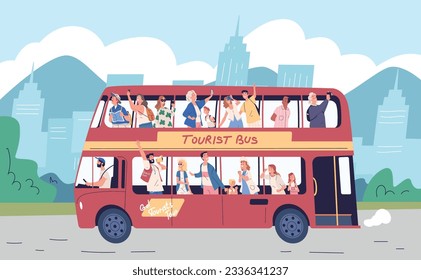 Tourists on bus excursion. Travel tourist group transfer, foreigner london trip or family sightseeing summer travelling city tour speaker landmark guide, vector illustration of excursion tourist bus