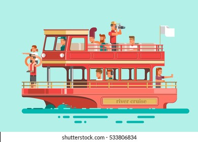 Tourists on cruise ship sailing on the river, have a rest and take photos. Vector illustration.