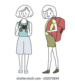 Tourists on the go concept with cute girls such as tourist holding camera preparing to photograph, girl carrying backpack standing in full length. Vector illustration with hand-drawn style.