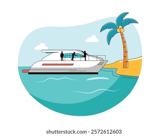 Tourists on private luxury yachts to the island, an expensive vacation. Character design. Vector flat illustration