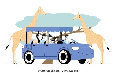 Tourists on safari. Men and women with cameras driving car and photographing giraffes. Tropical and exotic African fauna. Travel and tourism. Linear vector illustration isolated on white background