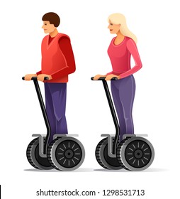 Tourists on segways. Young man and girl drive big electric scooter wheels. Touristic entertainment modern transport for walking tour by city, isolated on white background. Eps10 vector illustration.