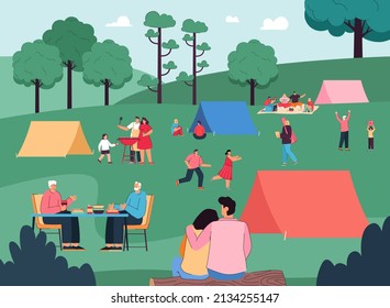 Tourists On Summer Camp Festival Flat Vector Illustration. Groups Of People Eating Outdoor, Grilling Food, Living In Tents. Couples Walking And Spending Time Together. Journey, Recreation Concept