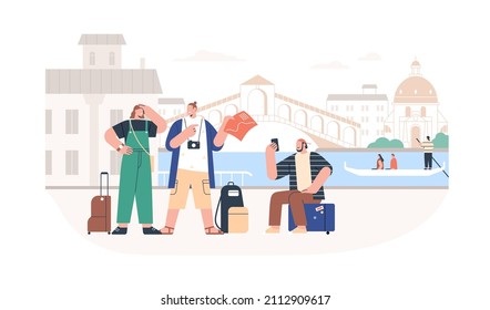 Tourists on summer holiday travel to Venice. Friends going sightseeing in tour. Happy people with phone, map and landmarks in Europe trip. Flat vector illustration isolated on white background