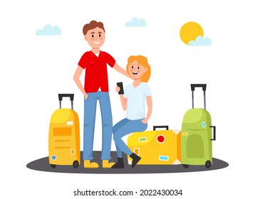 Tourists on summer vacation. Young couple with travel bags. Travel people with luggage. Vector illustration.