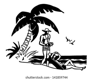 Tourists On Tropical Beach - Retro Clip Art Illustration