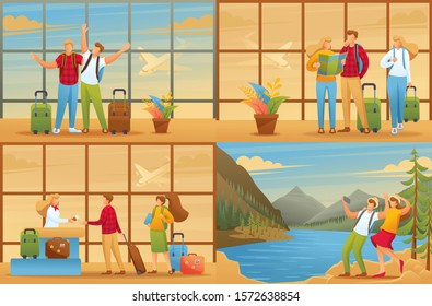 Tourists on vacation, at the airport. Illustration concept for animation and web design.