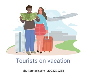 Tourists on vacation concept with diverse multiethnic couple waiting at airport after arrival studying city map. Flat simple style cartoon vector illustration