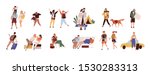 Tourists on vacation flat vector illustrations set. Young travelers cartoon characters. Seasonal recreation, adventure trip concept. Tropical resort, camping, waiting at airport and taxi catching.