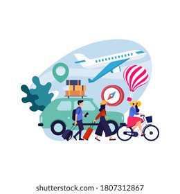 Tourists on vacation flat vector illustrations set. Young travelers cartoon characters. Seasonal recreation, adventure trip concept. Tropical resort.