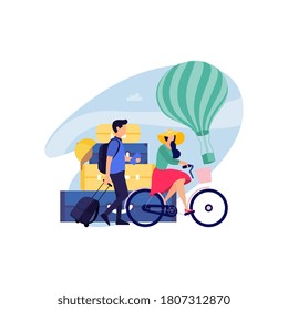 Tourists on vacation flat vector illustrations set. Young travelers cartoon characters. Seasonal recreation, adventure trip concept. Tropical resort.