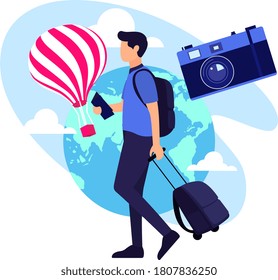 Tourists on vacation flat vector illustrations set. Young travelers cartoon characters. Seasonal recreation, adventure trip concept.
