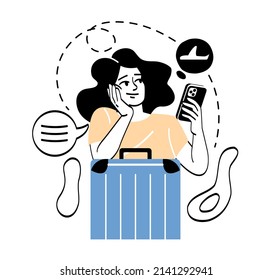 Tourists on vacation. Girl with suitcase and smartphone in hands, Character travels on vacation. Planes and international flights, woman dreams of beaches with sea. Cartoon flat vector illustration