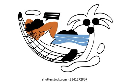 Tourists on vacation. Man sits in hammock next to palm tree. Quality vacation in tropical and exotic countries, relaxed character on beach, beautiful landscape. Cartoon flat vector illustration