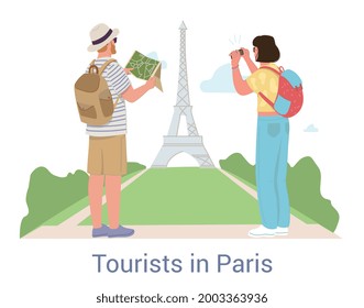 Tourists on vacation in Paris sightseeing at the Eiffel Tower with a couple of backpackers using a route map and photographing the iconic landmark, flat colored vector illustration isolated on white