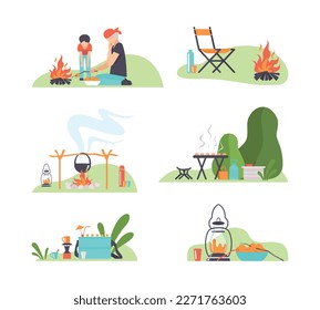 Tourists on vacation set. Camping objects, people cooking meal on bonfire flat vector illustration
