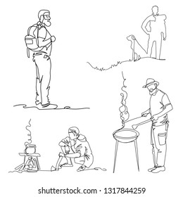 tourists. one line. continuous line. vector illustration. set