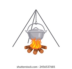 Tourists pan hangs on tripod over burning flame of campfire. Vector cartoon flat illustration.