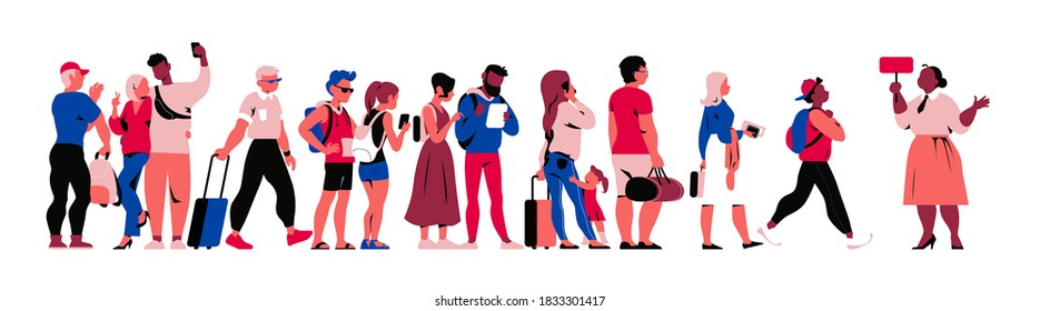 Tourists and passengers people characters (teens, couples, family) with bags and backpacks walking, taking a tour, trip, making pics and selfie,  isolated on white background. Vector flat illustration