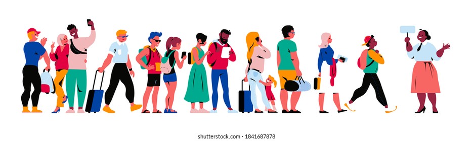 Tourists and passengers people characters (teens, couples, family) with bags and backpacks walking, taking a tour, trip, making pics and selfie,  isolated on white background. Vector flat illustration