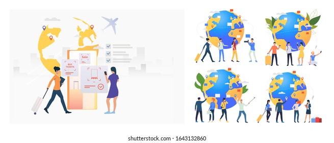 Tourists and passengers set. Travelers holding luggage, taking pictures at globe with pointers. Flat vector illustrations. Travel, vacation concept for banner, website design or landing web page