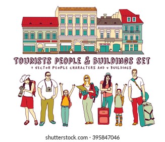 Tourists people and buildings isolate on white. Color vector illustration. EPS8