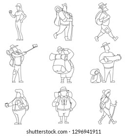 Tourists people characters for hiking and trekking, holiday travel vector concept. modern illustration in line art style.
