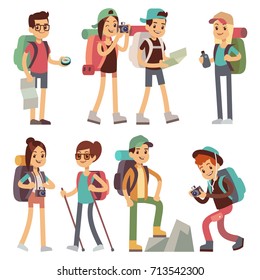 Tourists people characters for hiking and trekking, holiday travel vector concept. Tourist character man and woman, hiker and tourism illustration