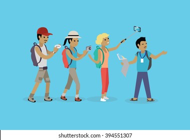 Tourists people group flat style. Travel and tourist group, tour and tourist isolated guide, vacation and tourist people summer leisure vector illustration. Group of tourists