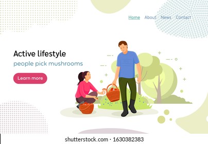 Tourists people group man and woman couple picks mushrooms in the forest. Young couple people having activity rest in forest. Leisure, hobby, active lifestyle concept. Vector illustration landing page