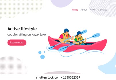 Tourists people group man woman couple water sport. Together paddling rafting on kayak lake. Outdoor sport, active livestyle vector landing page