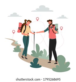 Tourists people group man woman couple hiking. Woman on hiking trip a man gives a hand to a woman. Woman walking along the path with hiking sticks in her hands. Travelers hiking adventure