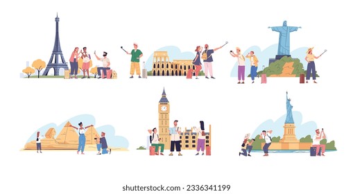 Tourists photo landmarks. People sightseeing, tourist with camera and backpack take picture city architecture, couple traveller selfie in egypt or rome, vector illustration of landmark and sightseeing