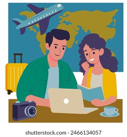 Tourists planning trip, route in laptop. Couple choosing place for vacation journey. Flat graphic vector illustration isolated on white background