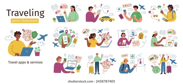 Tourists planning trip set, set of traveling compositions, characters booking flight, hotel, travelers scenes collections, vector illustrations of vacation insurance, mobile apps, services for journey