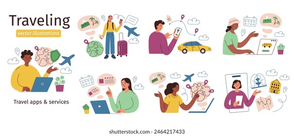 Tourists planning trip set, set of traveling compositions, characters booking flight, hotel, travelers scenes collections, vector illustrations of vacation insurance, mobile apps, services for journey